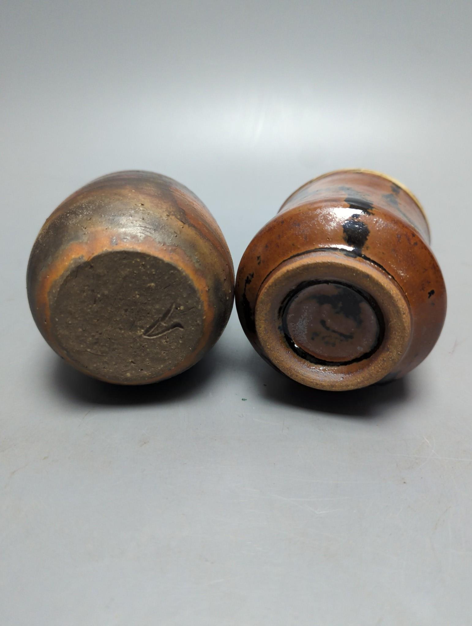 A quantity of various scrolls (faded pink, unreadable), and two Japanese studio ceramic pots, tallest 12cm.